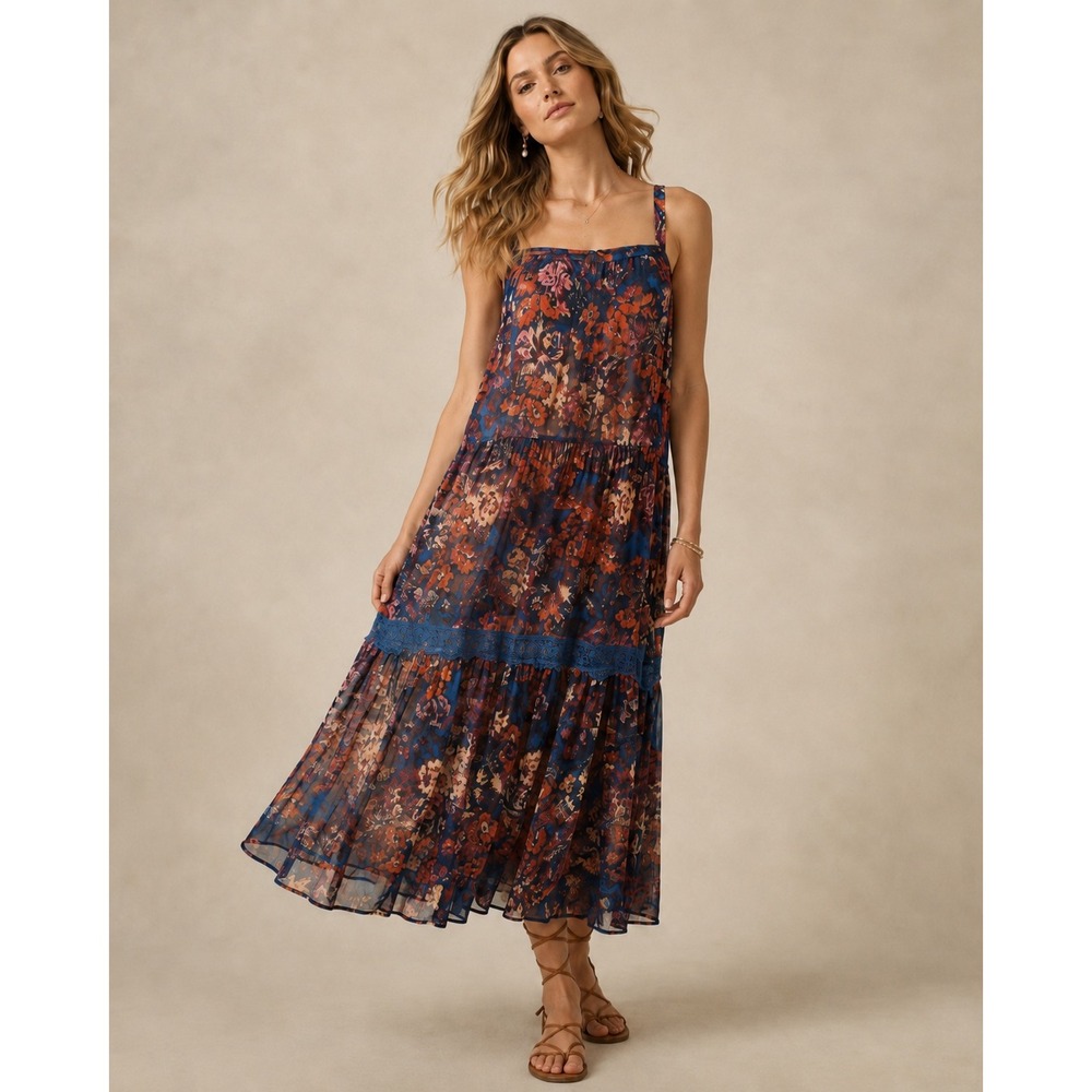 Free People Floral Mesh Tiered Maxi Dress Blue Orange Lace Small *Read